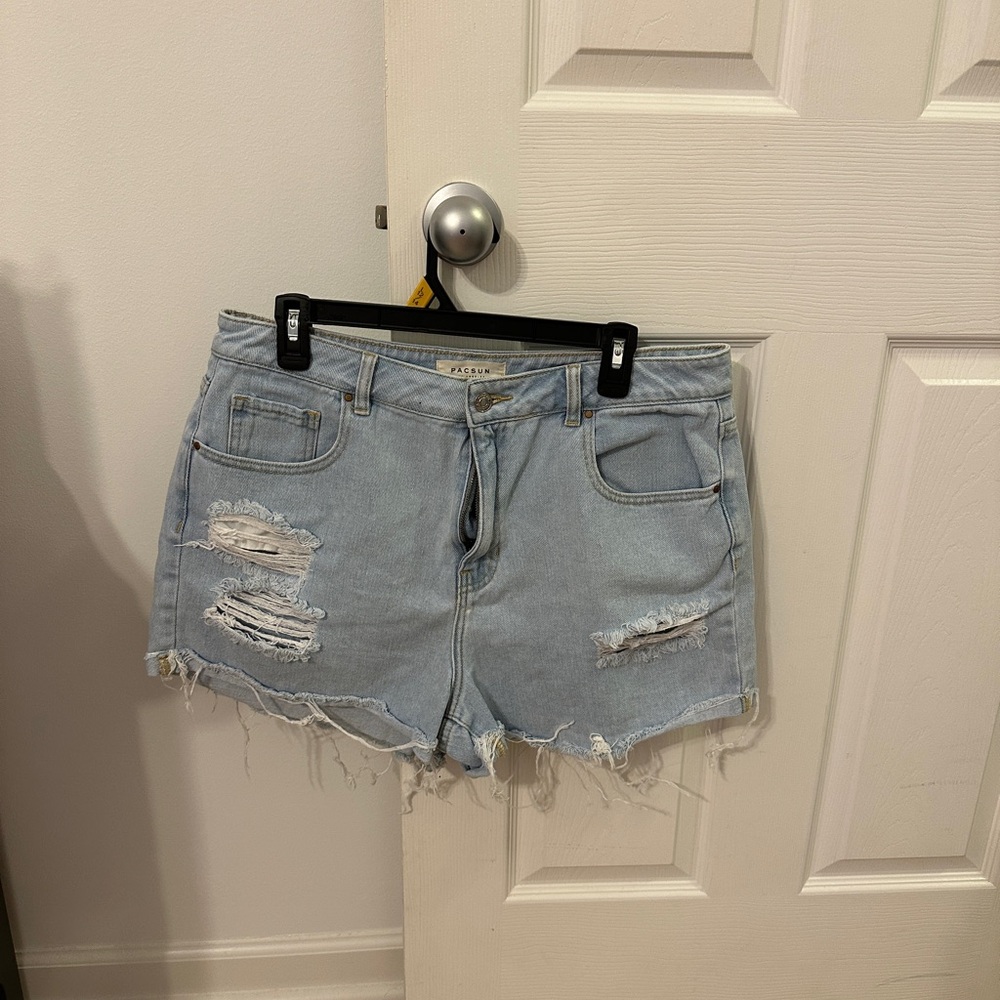 Women's Light Blue Distressed Denim Mom Shorts